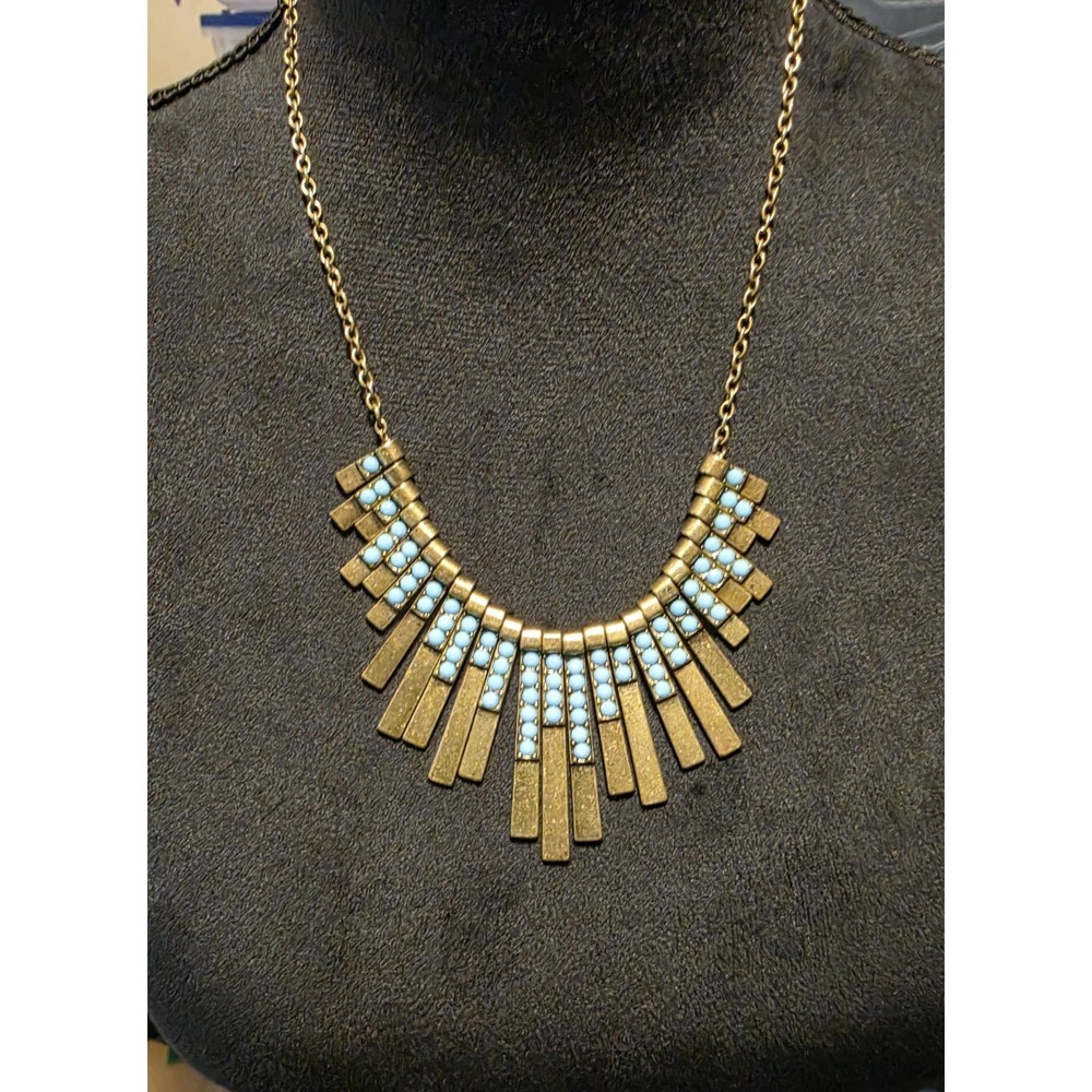Vintage Brass Tone Turquoise Egyptian Bib Statement Necklace Boho Tribal Western